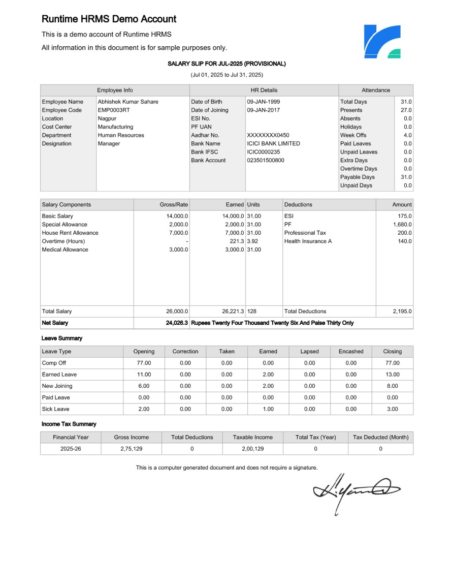 This is a sample salary slip for reference generated using runtime HRMS software